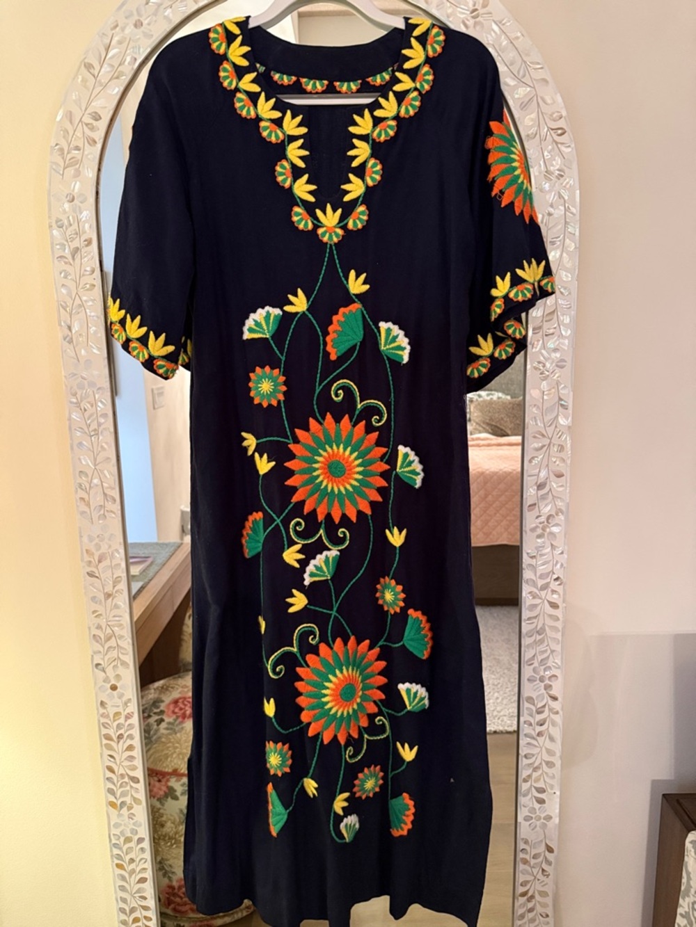 Frances Valentine Black Maxi Dress with Orange, Green & Yellow Floral Embroidery